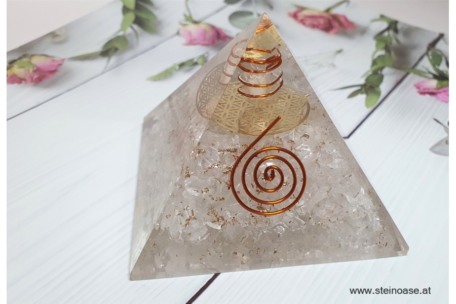 Orgonit Pyramide: Bergkristall & Blume des Lebens & Spirale & Herkimer Diamant